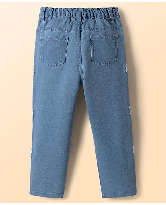 Babyhug Cotton Woven Half Sleeves Top & Jeans Set With Bow Embroidery - White & Light Blue