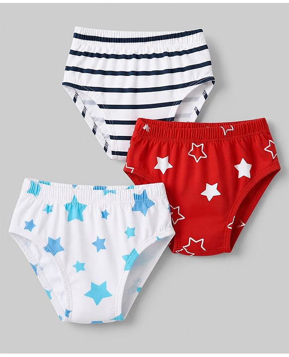 Babyhug 100% Cotton Single Jersey Knit Briefs With Stripes & Star Print Pack of 3 - White, Red & Light Blue