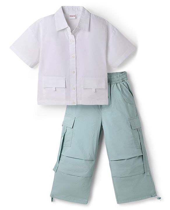 Babyhug Cotton Woven Half Sleeves Solid Top & Pant Set - White & Light Green