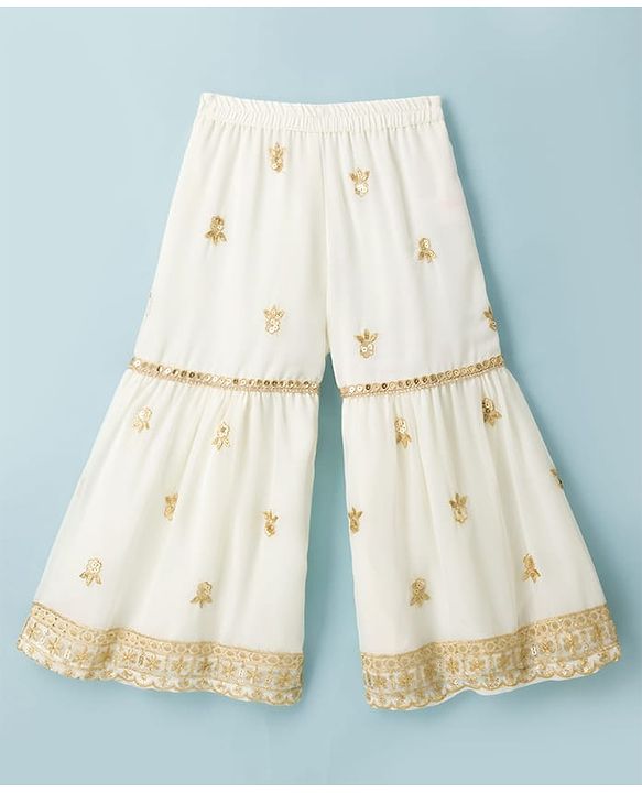 Babyhug Georgette Woven Three Fourth Sleeves Kurti Gharara Set With Floral Sequin Detailing & Dupatta - Off White