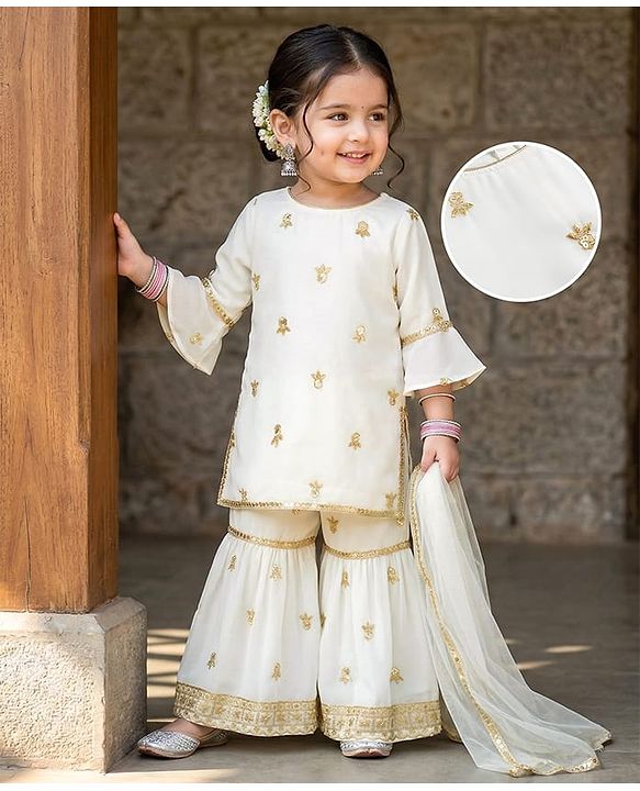 Babyhug Georgette Woven Three Fourth Sleeves Kurti Gharara Set With Floral Sequin Detailing & Dupatta - Off White