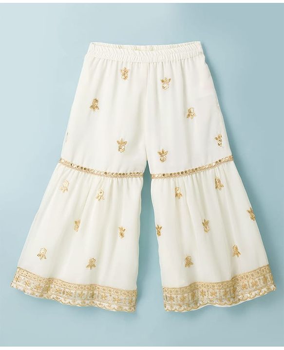 Babyhug Georgette Woven Three Fourth Sleeves Kurti Gharara Set With Floral Sequin Detailing & Dupatta - Off White