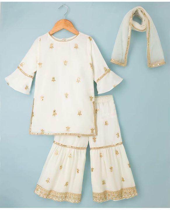 Babyhug Georgette Woven Three Fourth Sleeves Kurti Gharara Set With Floral Sequin Detailing & Dupatta - Off White