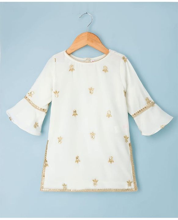 Babyhug Georgette Woven Three Fourth Sleeves Kurti Gharara Set With Floral Sequin Detailing & Dupatta - Off White