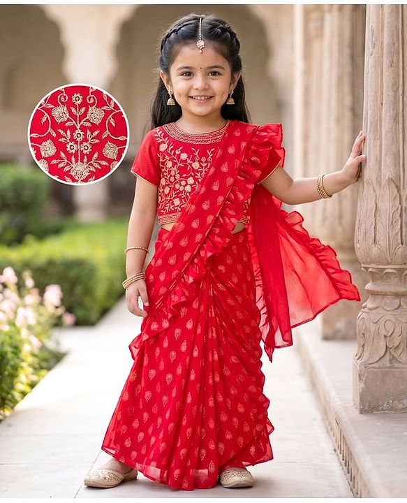 Babyhug Woven Half Sleeves Floral Embroidered Blouse With Georgett Foil Printed Saree - Red