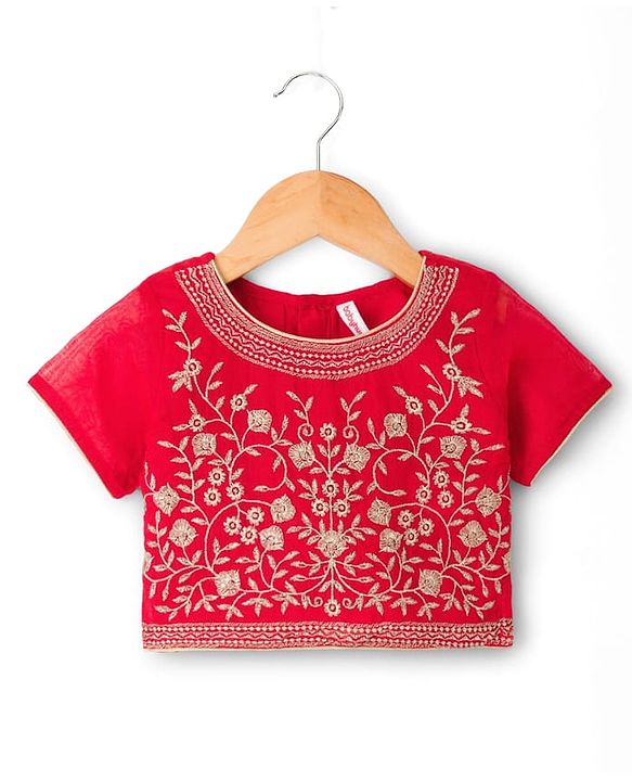 Babyhug Woven Half Sleeves Floral Embroidered Blouse With Georgett Foil Printed Saree - Red