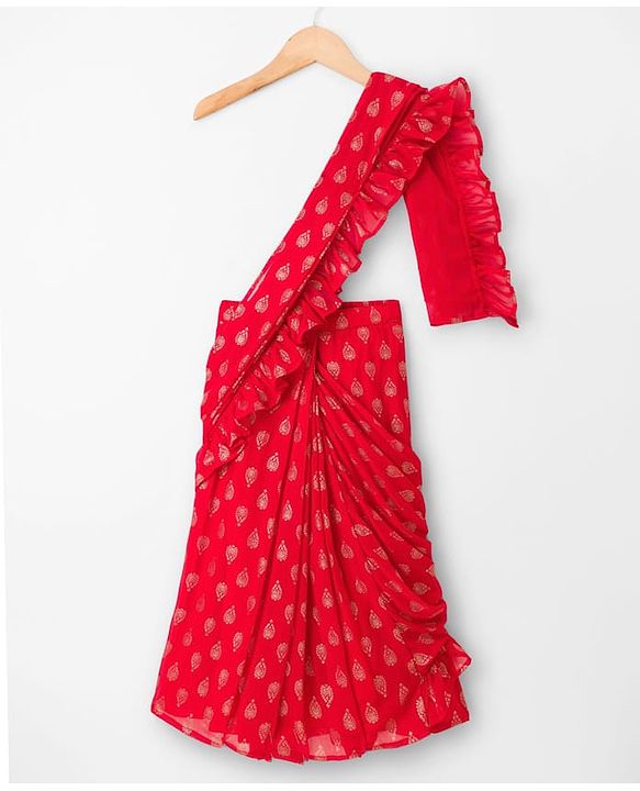Babyhug Woven Half Sleeves Floral Embroidered Blouse With Georgett Foil Printed Saree - Red