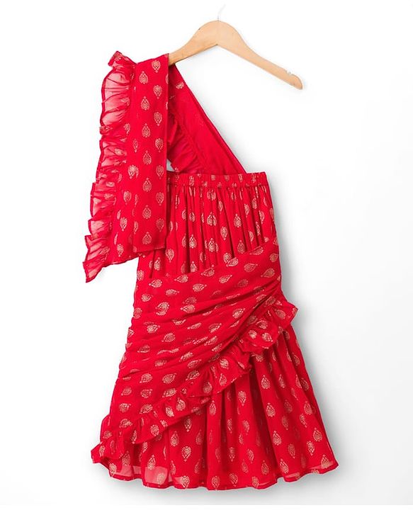 Babyhug Woven Half Sleeves Floral Embroidered Blouse With Georgett Foil Printed Saree - Red