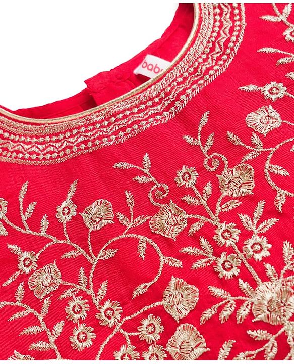 Babyhug Woven Half Sleeves Floral Embroidered Blouse With Georgett Foil Printed Saree - Red