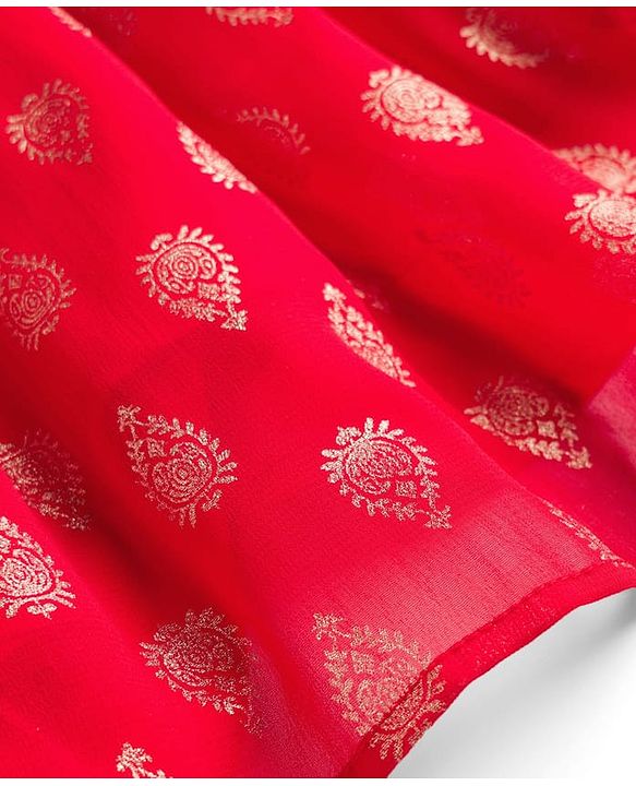 Babyhug Woven Half Sleeves Floral Embroidered Blouse With Georgett Foil Printed Saree - Red