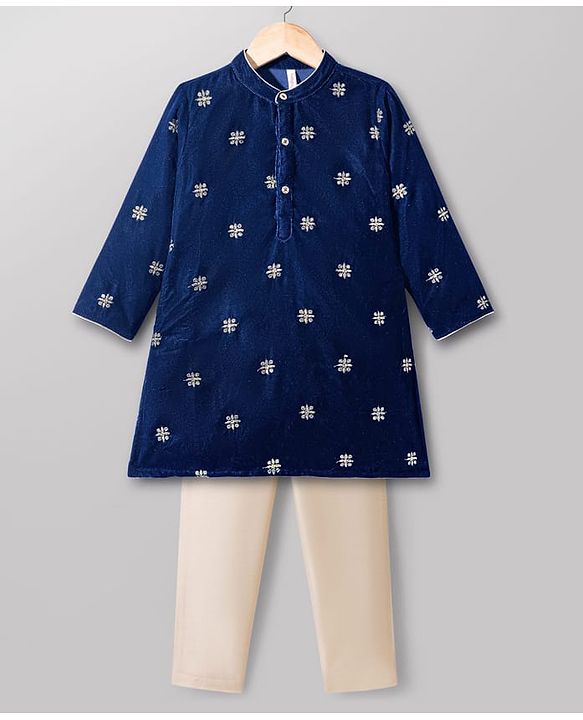 Babyhug Velvet Woven Full Sleeves Kurta Pajama Set with Floral Embroidery - Navy Blue