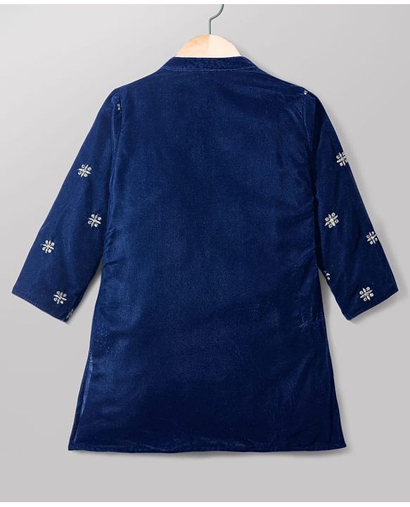 Babyhug Velvet Woven Full Sleeves Kurta Pajama Set with Floral Embroidery - Navy Blue