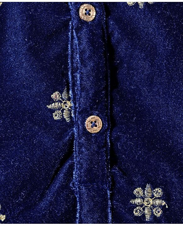 Babyhug Velvet Woven Full Sleeves Kurta Pajama Set with Floral Embroidery - Navy Blue
