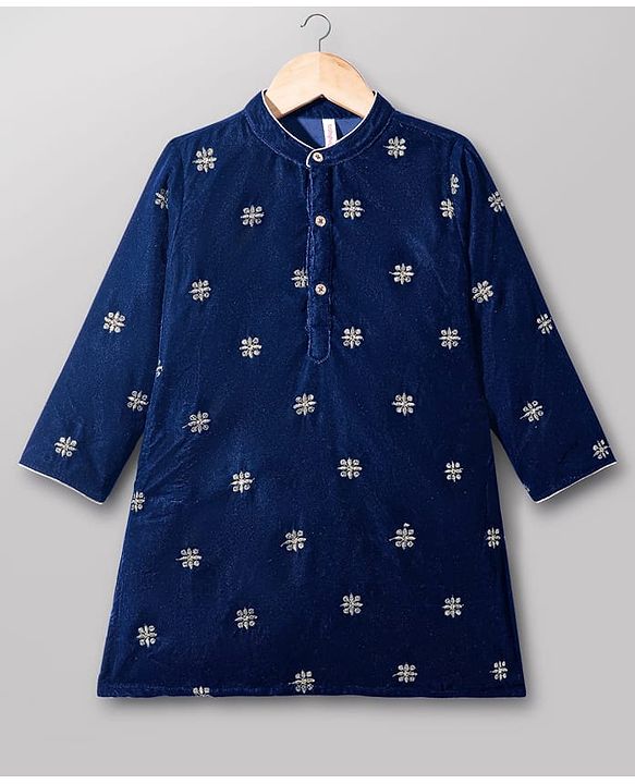 Babyhug Velvet Woven Full Sleeves Kurta Pajama Set with Floral Embroidery - Navy Blue