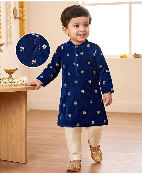 Babyhug Velvet Woven Full Sleeves Kurta Pajama Set with Floral Embroidery - Navy Blue