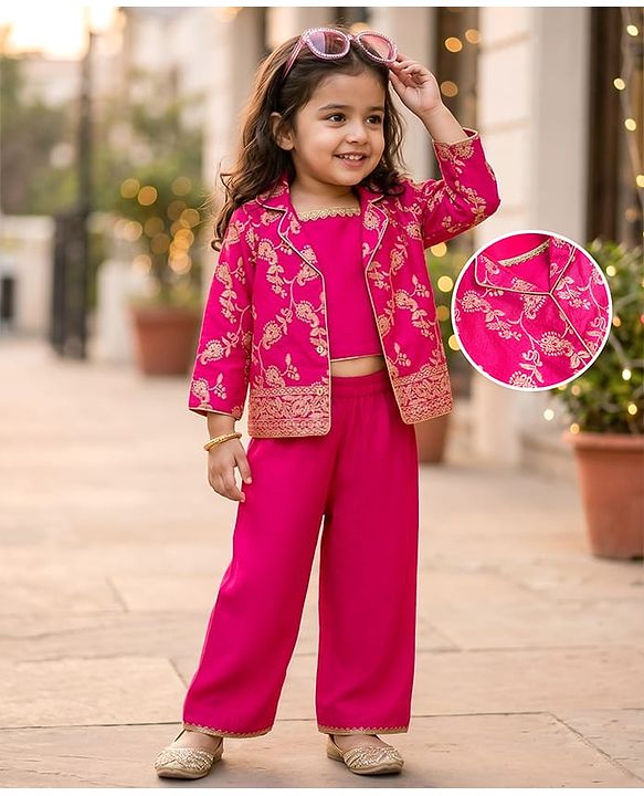 Babyhug Brocade Woven Three Fourth Sleeves Foil Printed Top Palazzo & Jacket Set - Fuchsia