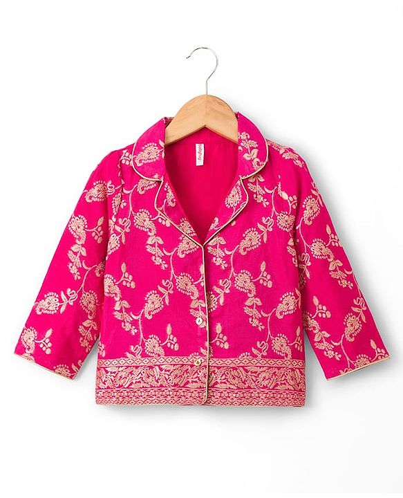 Babyhug Brocade Woven Three Fourth Sleeves Foil Printed Top Palazzo & Jacket Set - Fuchsia