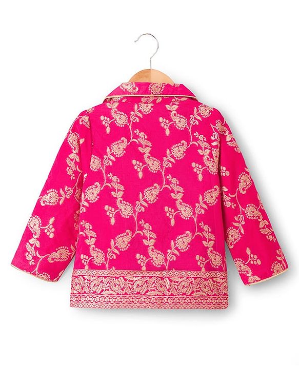 Babyhug Brocade Woven Three Fourth Sleeves Foil Printed Top Palazzo & Jacket Set - Fuchsia