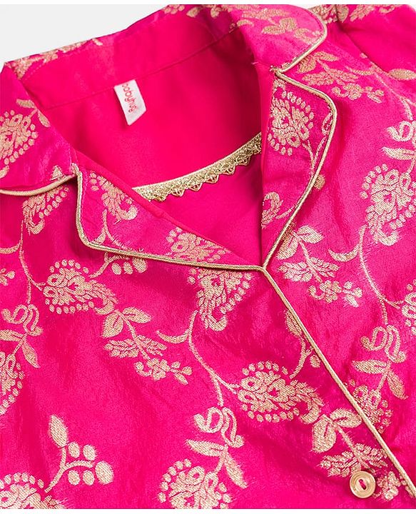 Babyhug Brocade Woven Three Fourth Sleeves Foil Printed Top Palazzo & Jacket Set - Fuchsia