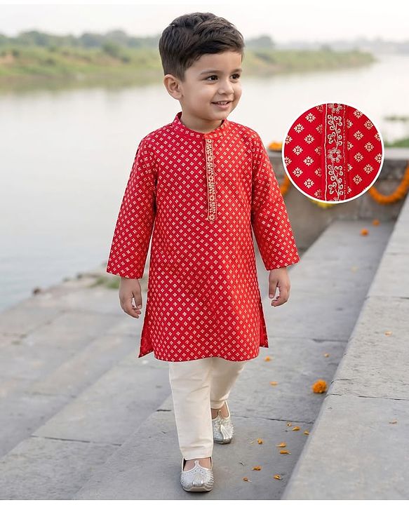 Babyhug Cotton Blend Woven Full Sleeves Kurta Pajama Set with Floral Foil Print - Red