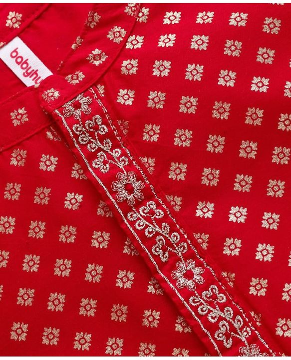 Babyhug Cotton Blend Woven Full Sleeves Kurta Pajama Set with Floral Foil Print - Red