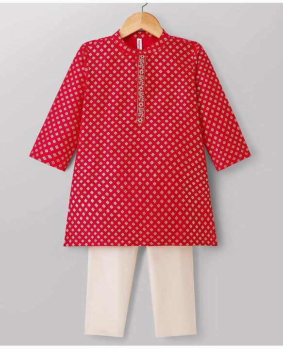 Babyhug Cotton Blend Woven Full Sleeves Kurta Pajama Set with Floral Foil Print - Red