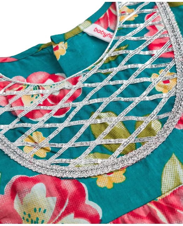 Babyhug Cambric Woven Three Fourth Sleeves Kurti Salwar Set with Dupatta & Floral Print - Green
