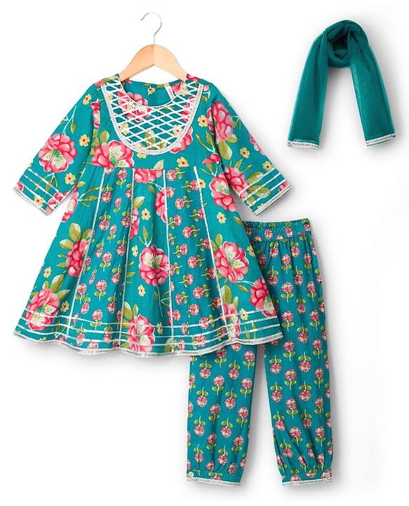 Babyhug Cambric Woven Three Fourth Sleeves Kurti Salwar Set with Dupatta & Floral Print - Green