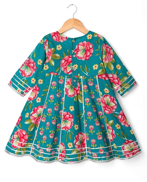Babyhug Cambric Woven Three Fourth Sleeves Kurti Salwar Set with Dupatta & Floral Print - Green