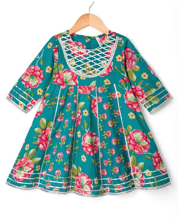 Babyhug Cambric Woven Three Fourth Sleeves Kurti Salwar Set with Dupatta & Floral Print - Green