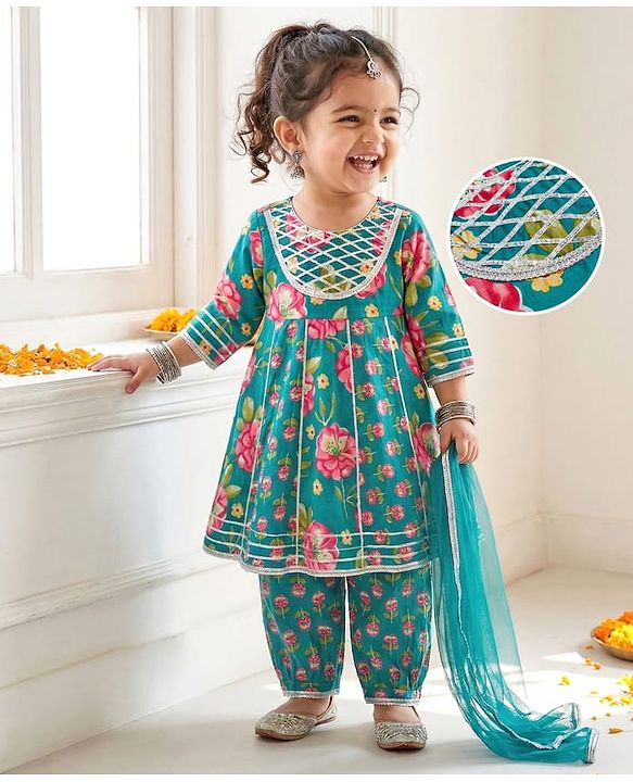 Babyhug Cambric Woven Three Fourth Sleeves Kurti Salwar Set with Dupatta & Floral Print - Green