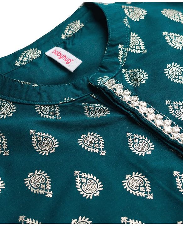 Babyhug Cotton Blend Woven Full Sleeves Kurta Pajama Set with Motif Foil Print - Navy Blue
