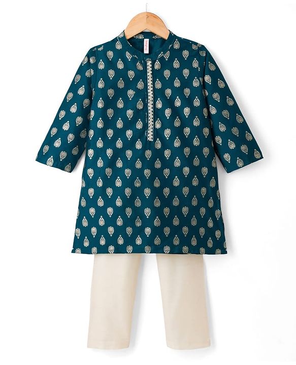 Babyhug Cotton Blend Woven Full Sleeves Kurta Pajama Set with Motif Foil Print - Navy Blue