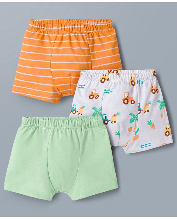 Babyhug 100% Cotton Knit Striped & Tractor Printed Trunks Pack of 3 - Multicolor