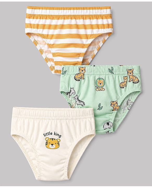 Babyhug 100% Cotton Single Jersey Knit Striped Briefs With Animal Print Pack of 3 - Multicolor