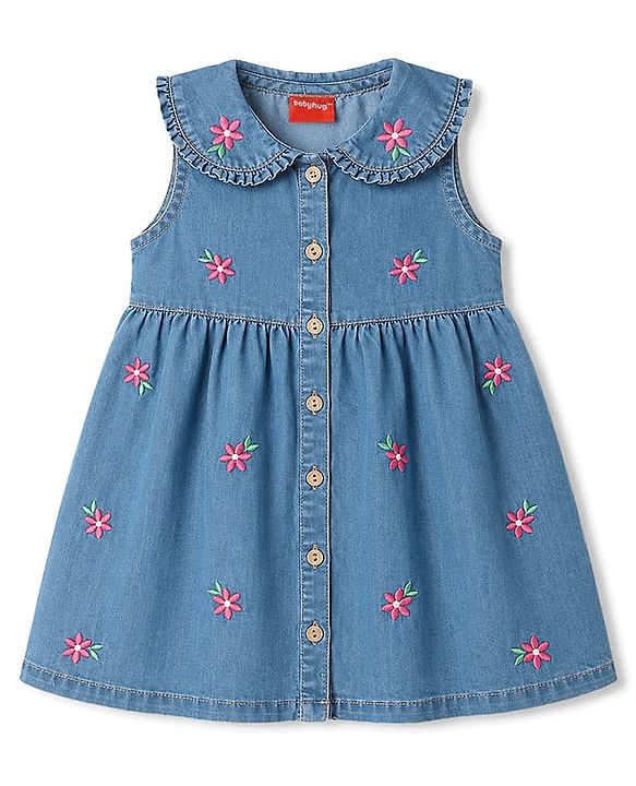 Babyhug Cotton Woven One Piece Dress Sleeveless Peter Pan Collar Floral Embroidered Blue 6-9 Months