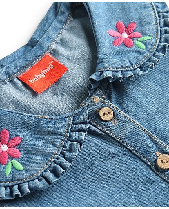 Babyhug Cotton Woven One Piece Dress Sleeveless Peter Pan Collar Floral Embroidered Blue 6-9 Months