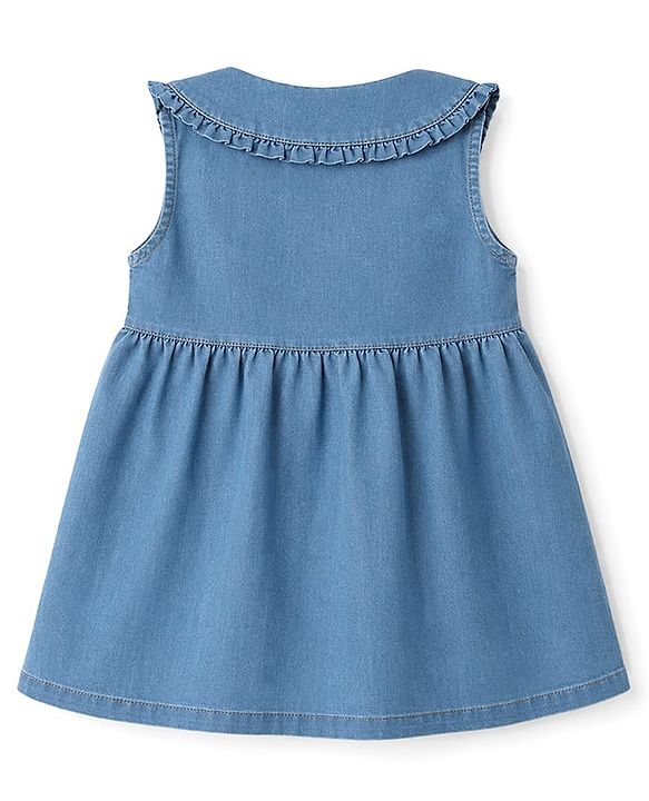 Babyhug Cotton Woven One Piece Dress Sleeveless Peter Pan Collar Floral Embroidered Blue 6-9 Months