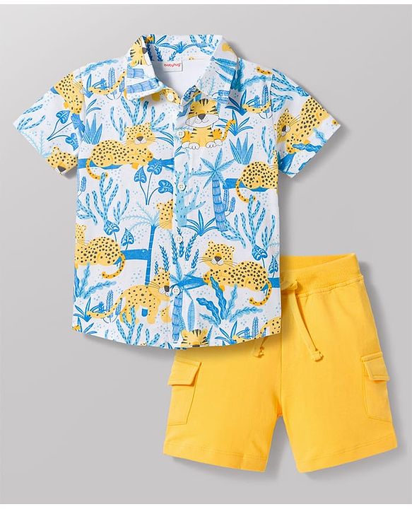 Babyhug Single Jersey Knit Half Sleeves Shirt & Shorts Set With Floral Print - Multicolor