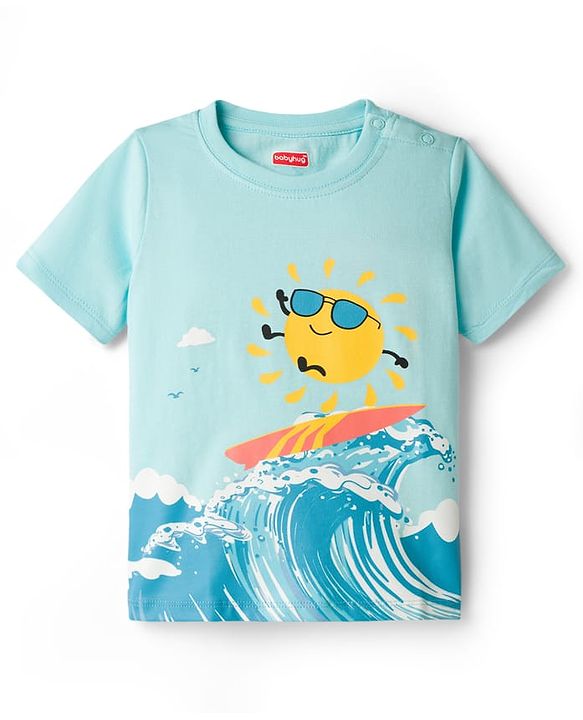 Babyhug Single Jersey Knit Half Sleeves T-Shirt & Shorts Set with Surfing Print - Blue & Yellow