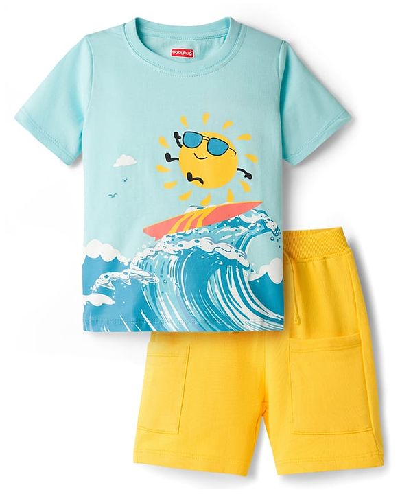 Babyhug Single Jersey Knit Half Sleeves T-Shirt & Shorts Set with Surfing Print - Blue & Yellow