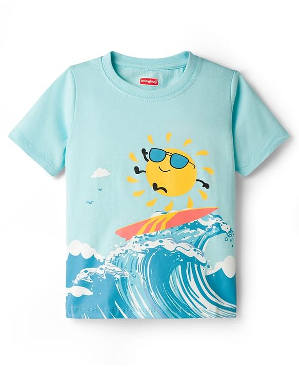 Babyhug Single Jersey Knit Half Sleeves T-Shirt & Shorts Set with Surfing Print - Blue & Yellow