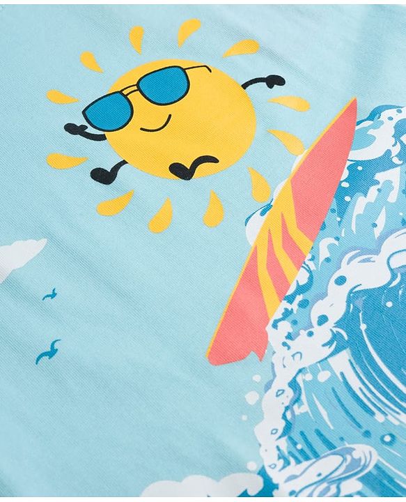 Babyhug Single Jersey Knit Half Sleeves T-Shirt & Shorts Set with Surfing Print - Blue & Yellow