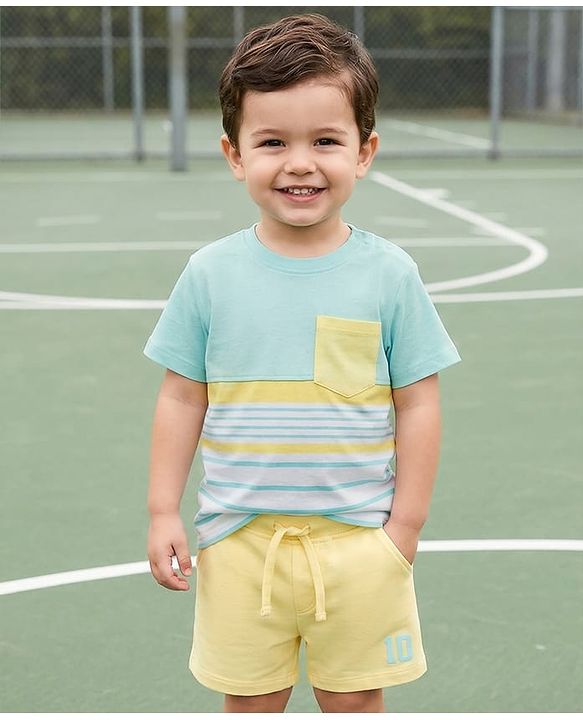 Babyhug Single Jersey Knit Half Sleeves Cut & Sew Striped T-Shirt & Shorts Set - Yellow