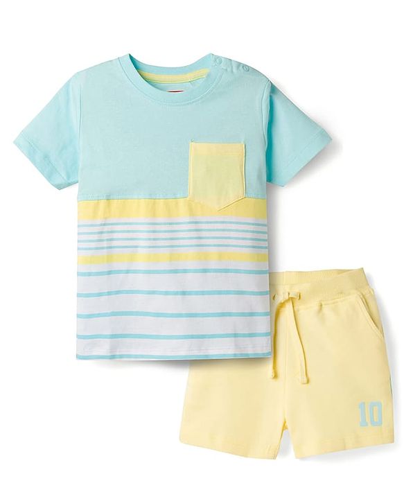 Babyhug Single Jersey Knit Half Sleeves Cut & Sew Striped T-Shirt & Shorts Set - Yellow