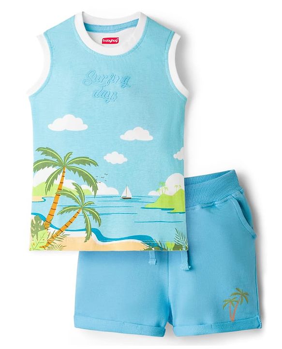 Babyhug Single Jersey Knit Sleeveless T-Shirt & Shorts Set with Beach Theme Print - Blue