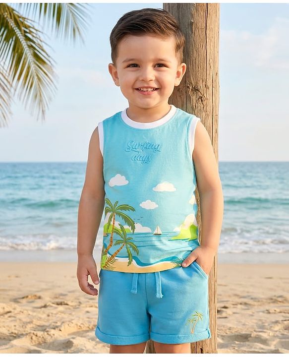 Babyhug Single Jersey Knit Sleeveless T-Shirt & Shorts Set with Beach Theme Print - Blue