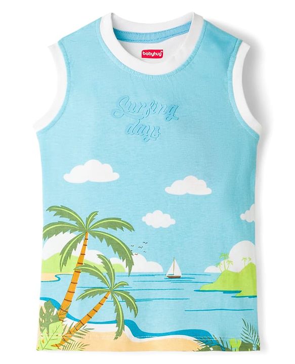 Babyhug Single Jersey Knit Sleeveless T-Shirt & Shorts Set with Beach Theme Print - Blue