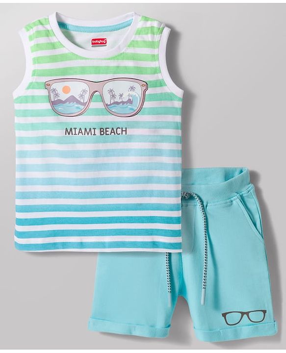 Babyhug 100% Cotton Knit Sleeveless Striped & Beach Theme Printed Tank T-Shirt & Shorts Set - Multicolour