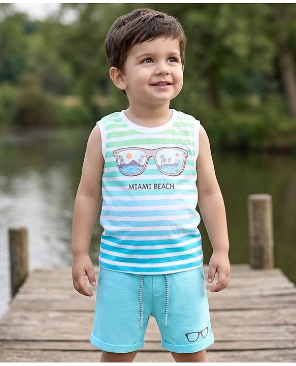 Babyhug 100% Cotton Knit Sleeveless Striped & Beach Theme Printed Tank T-Shirt & Shorts Set - Multicolour